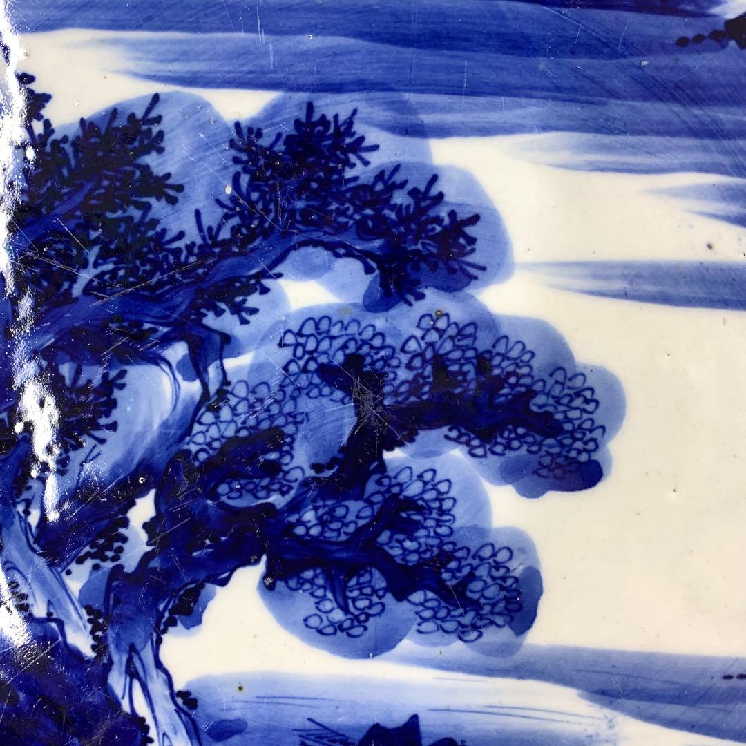 直径53cm ! 大皿 山水図 花 藍色 アンティーク 盛り付け皿 ⑤