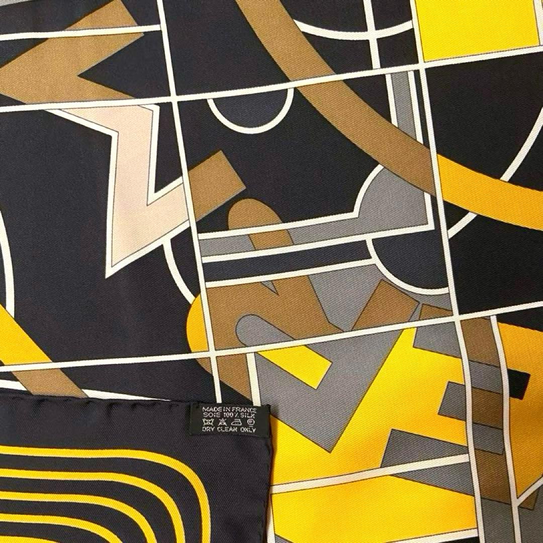 美品 エルメス シルクスカーフ カレ90 エルメススポーツ 黒色 黄色 灰色