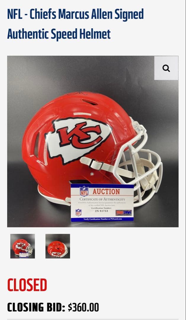 カンザスシティ・チーフスオーセンティック ヘルメット マーカス・アレンサイン入り