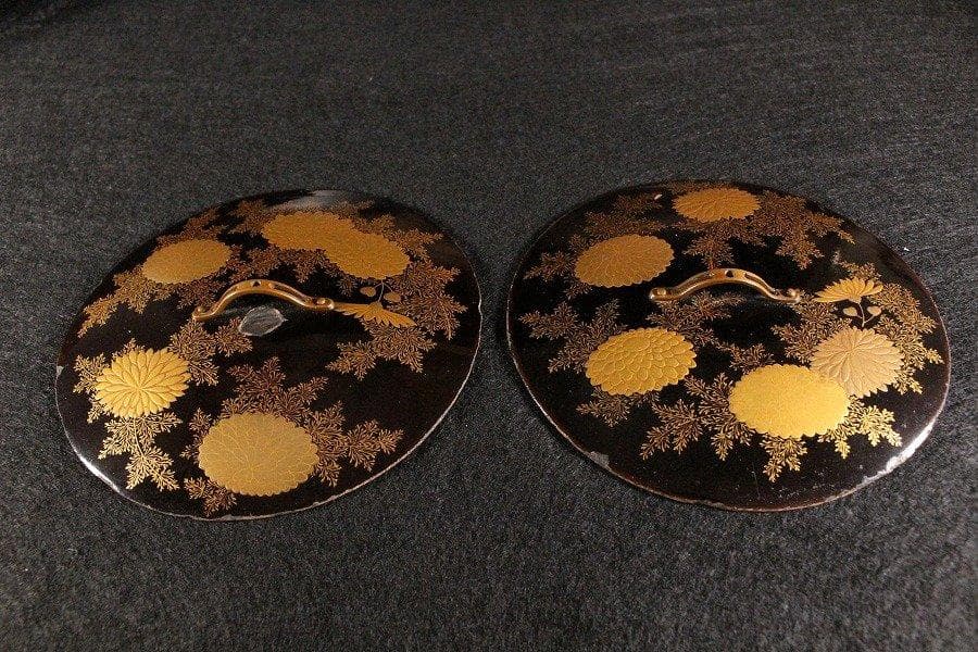 鉄瓶 扇子形持手 銀象嵌 桐地紋 銚子 一対 蒔絵蓋 大名道具 旧家蔵出