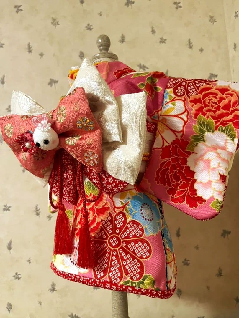 帯飾りを足してお作りし直しました。☆*花柄ピンク着物☆*　犬服　犬服用お着物
