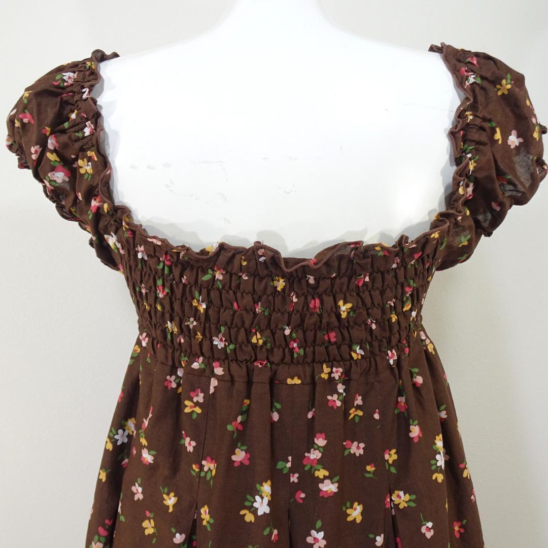 LIZLISA ワンピース 花柄 チェック柄 半袖 ブラウン フェアリーグランジ