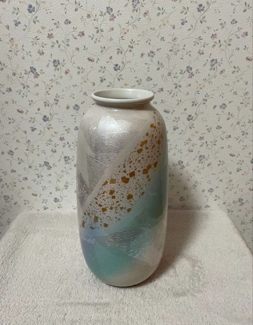 九谷宗秀　陶器製 花瓶 抽象模様 青白金 付属品付き