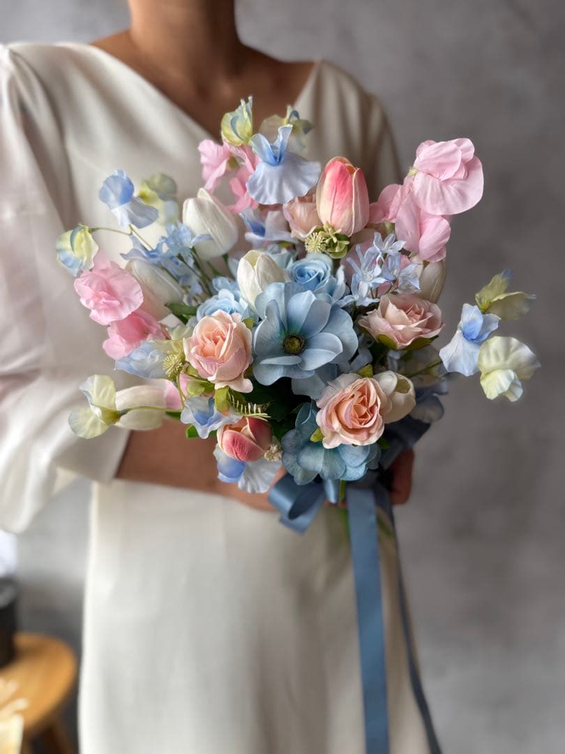 ピンク×ブルークラッチブーケ☆ブートニア