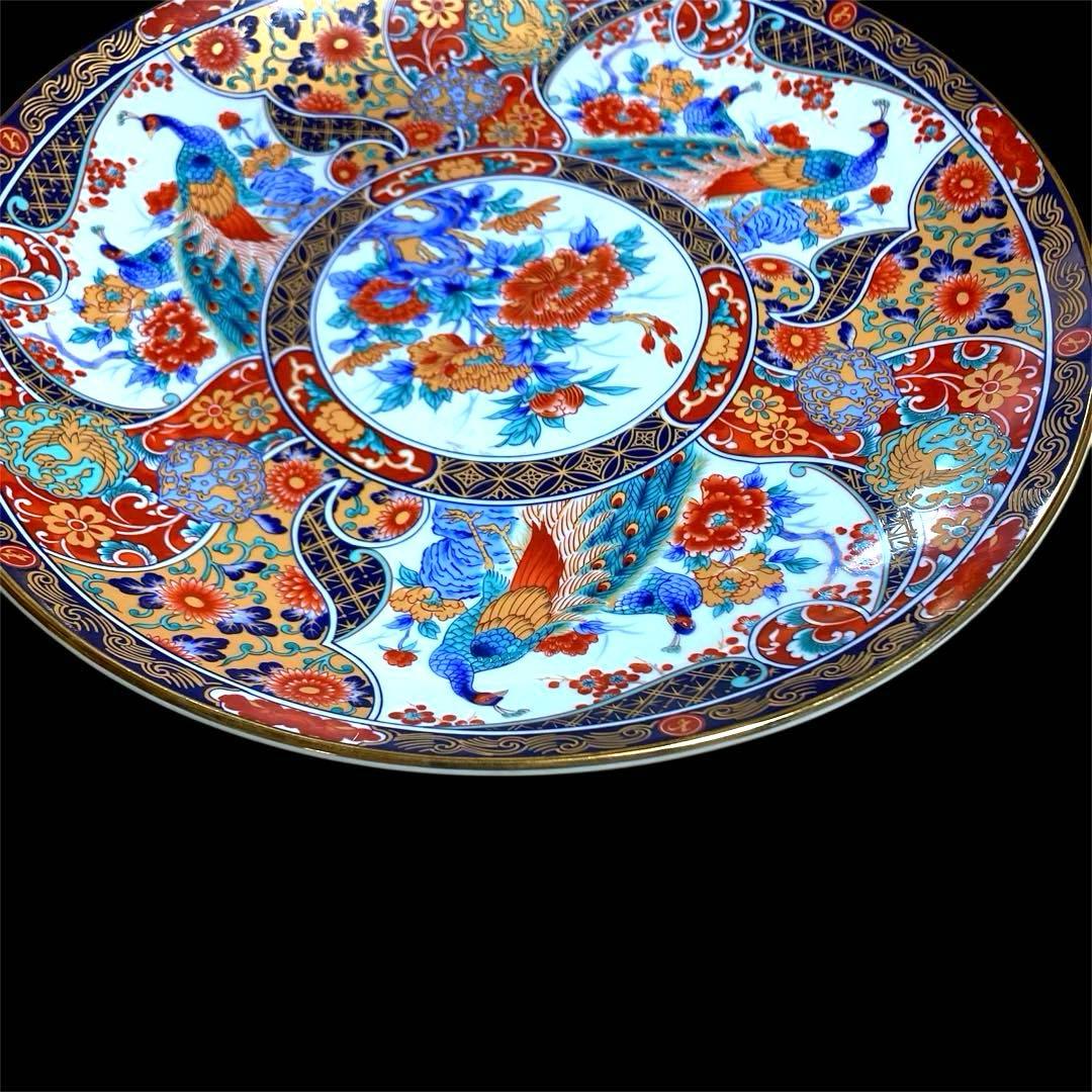 【希少】有田焼 丸五謹製 孔雀牡丹紋 48cm 特大 飾り皿 大皿 金彩 花鳥絵
