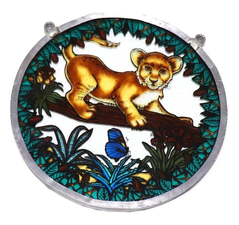 ライオンの赤ちゃんと蝶々 ヴィンテージ ステンドグラス アニマル バタフライ