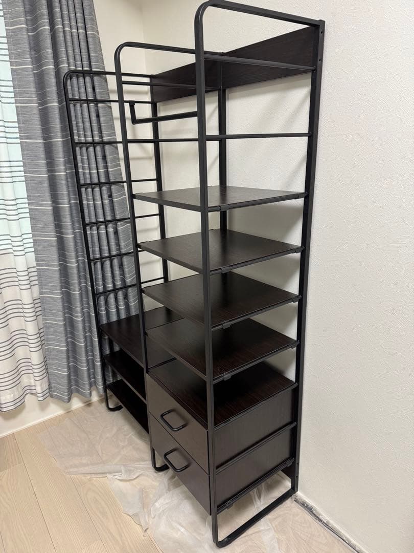 シェルフ付きワードローブ　棚・引き出し付き　ダークブラウン