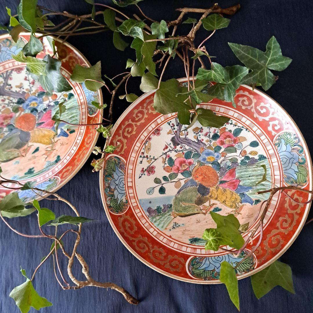「華やかに、九谷の皿を食卓に」 九谷焼色絵皿(直径21cm) 2客セット 骨董ア