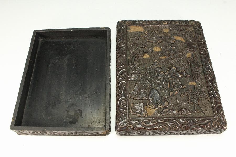 中国美術 彷 堆黒 具利縁 人物鳳鶴紋 蓋物(K-YC375)