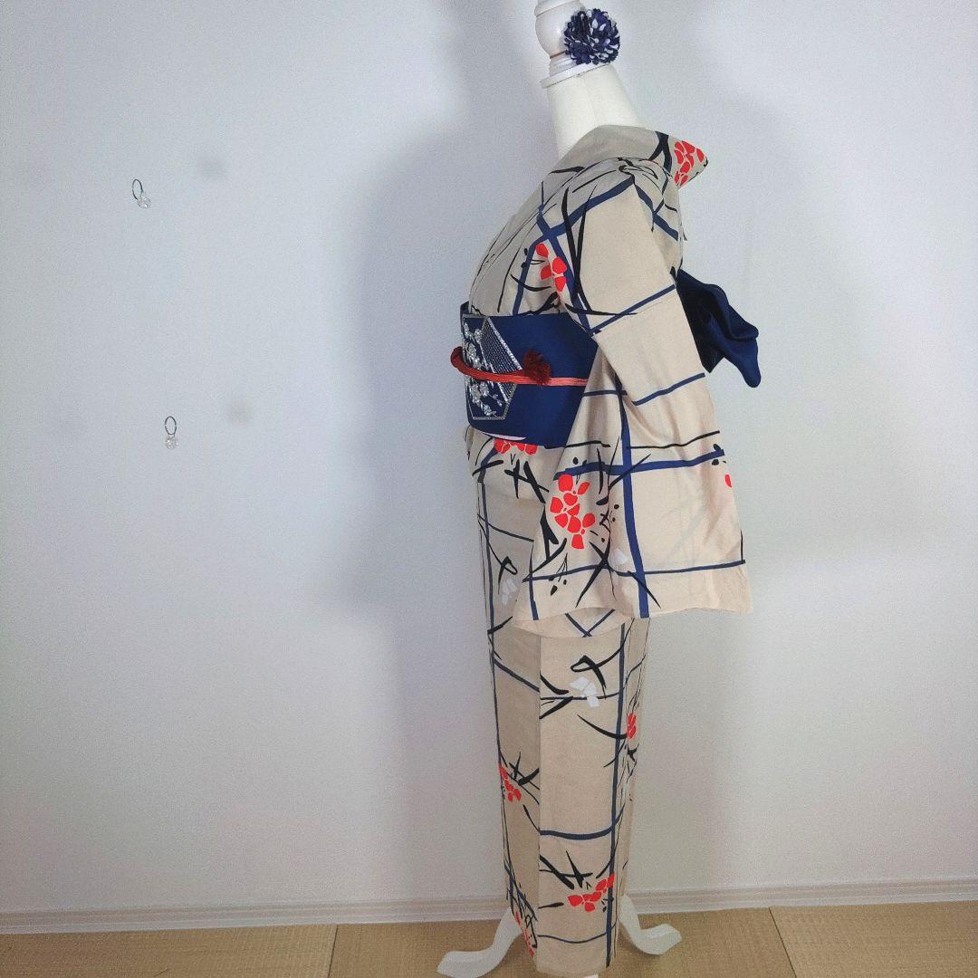 レトロ　レディース　浴衣セット　身丈145cm　ベージュ　赤　半幅帯　青 　小柄