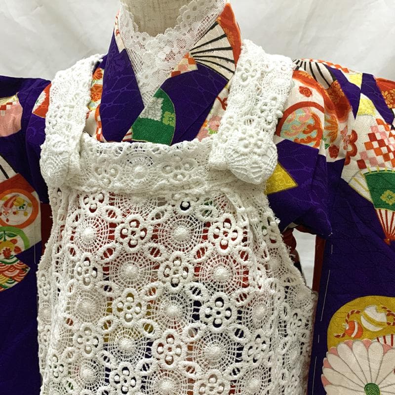 509ag43□七五三 三歳 アンティーク 女児 着物&被布 扇 菊□美品