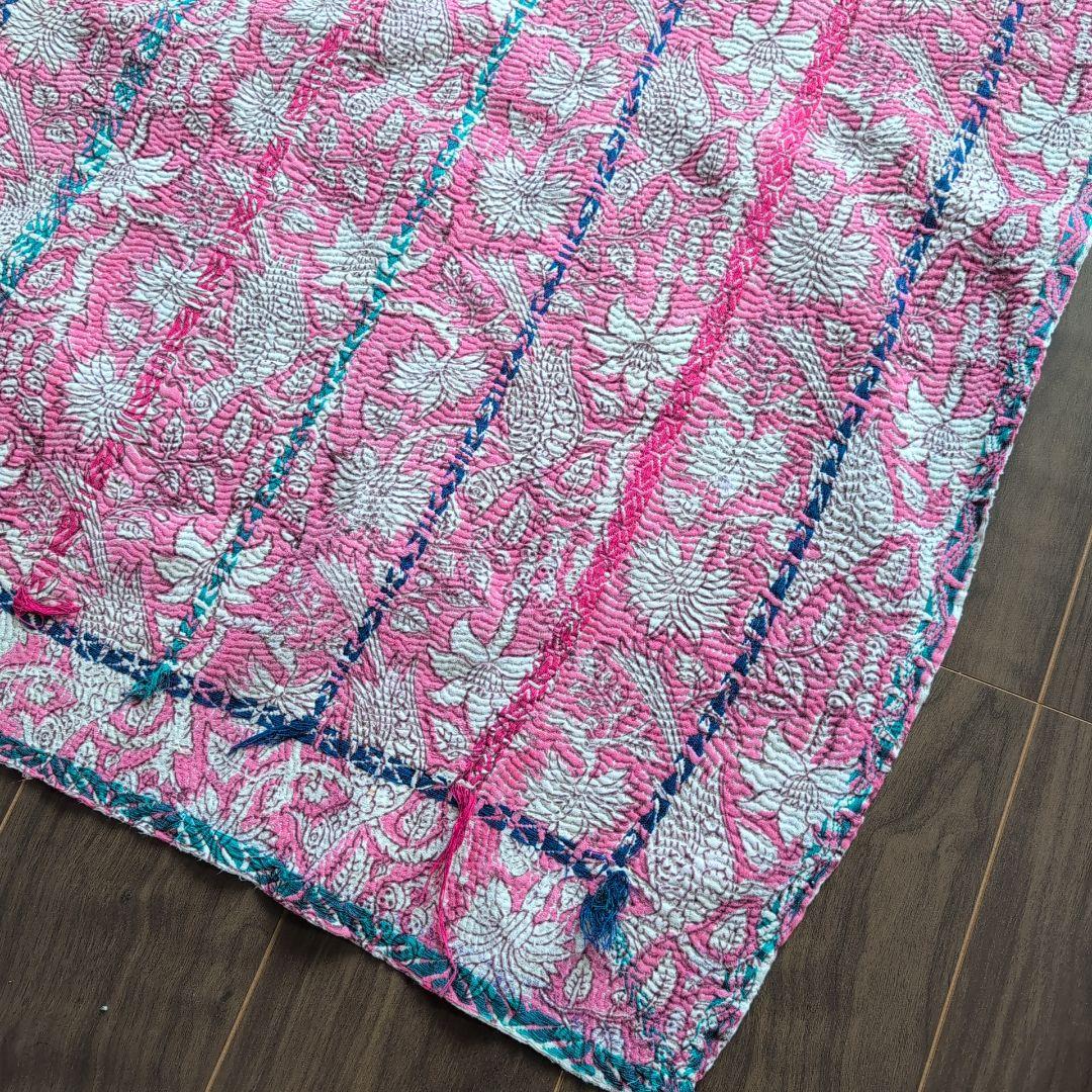 ピンク花柄 ブロックプリント ヴィンテージカンタキルト　ラリーキルト 690