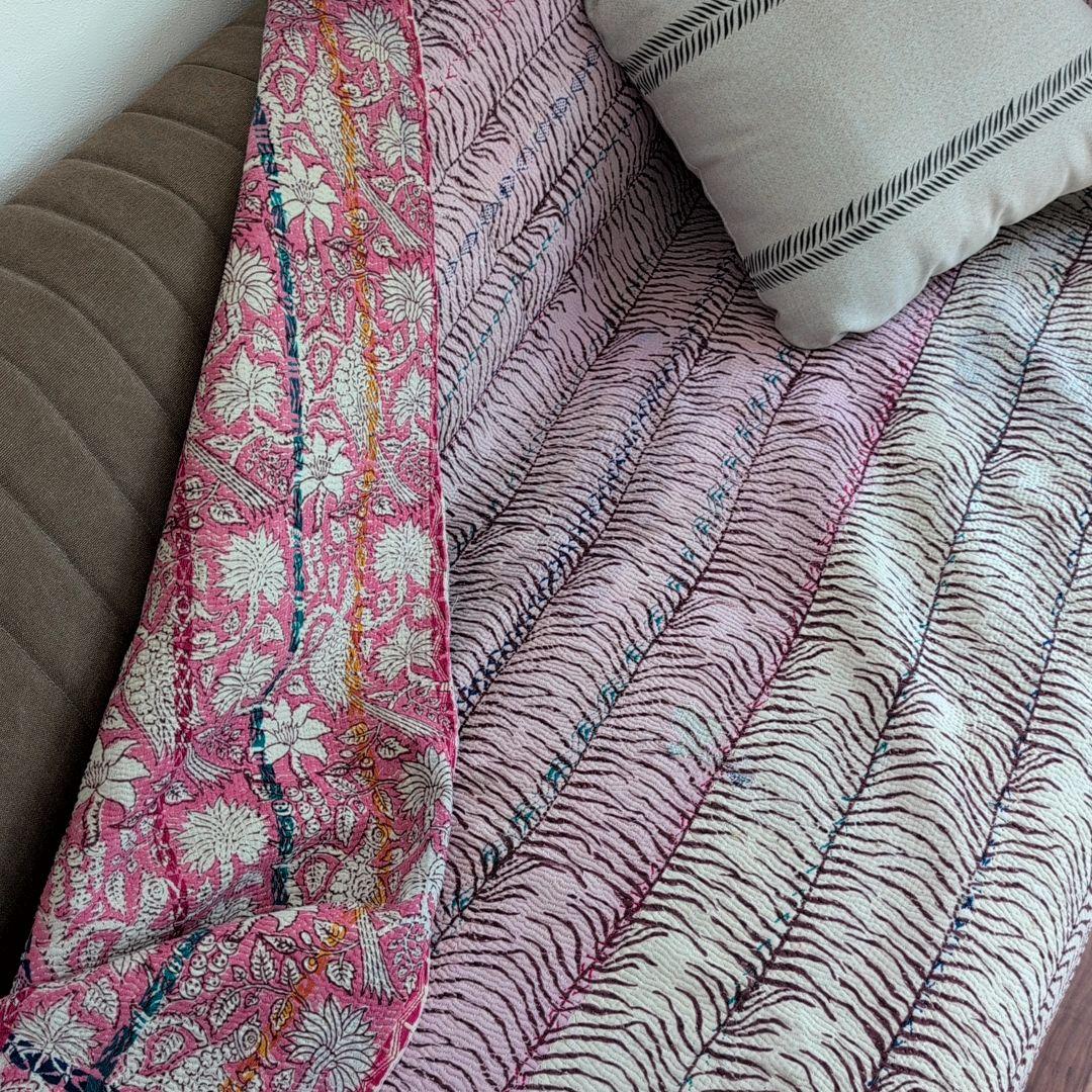 ピンク花柄 ブロックプリント ヴィンテージカンタキルト　ラリーキルト 690