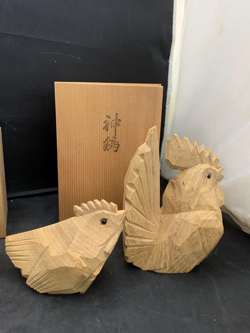 一刀彫師 中村良記作 干支の置物 酉 神鶏 雄雌2羽セット×2/ 1羽　共箱