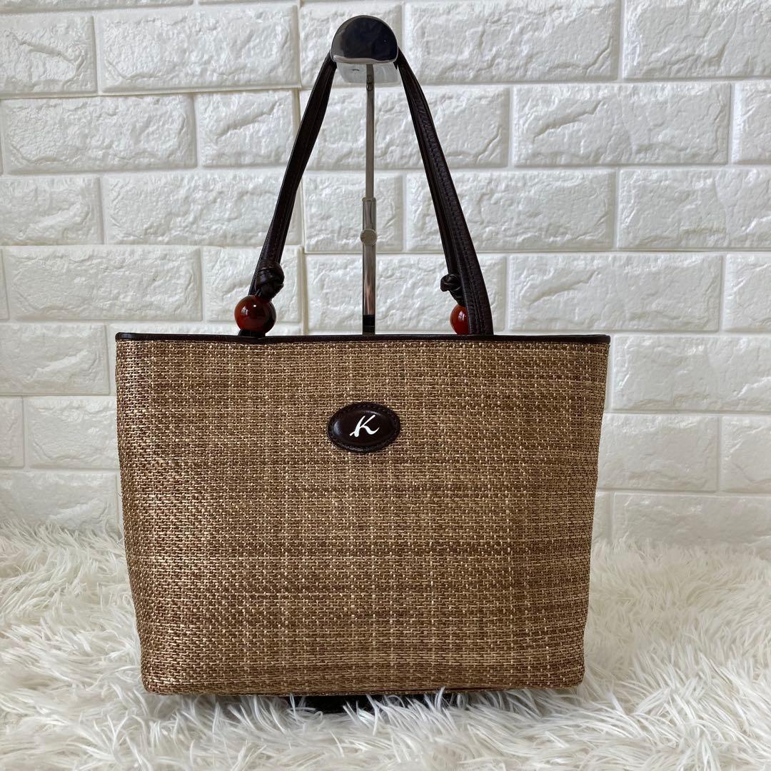 キタムラ✨かごバッグ　レザー　トートバッグ　夏　編み込み　保存袋　自立　異素材