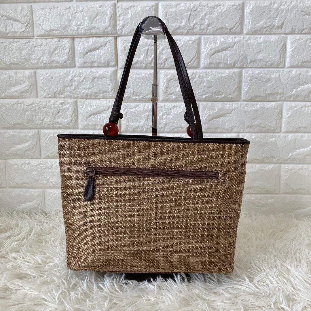 キタムラ✨かごバッグ　レザー　トートバッグ　夏　編み込み　保存袋　自立　異素材