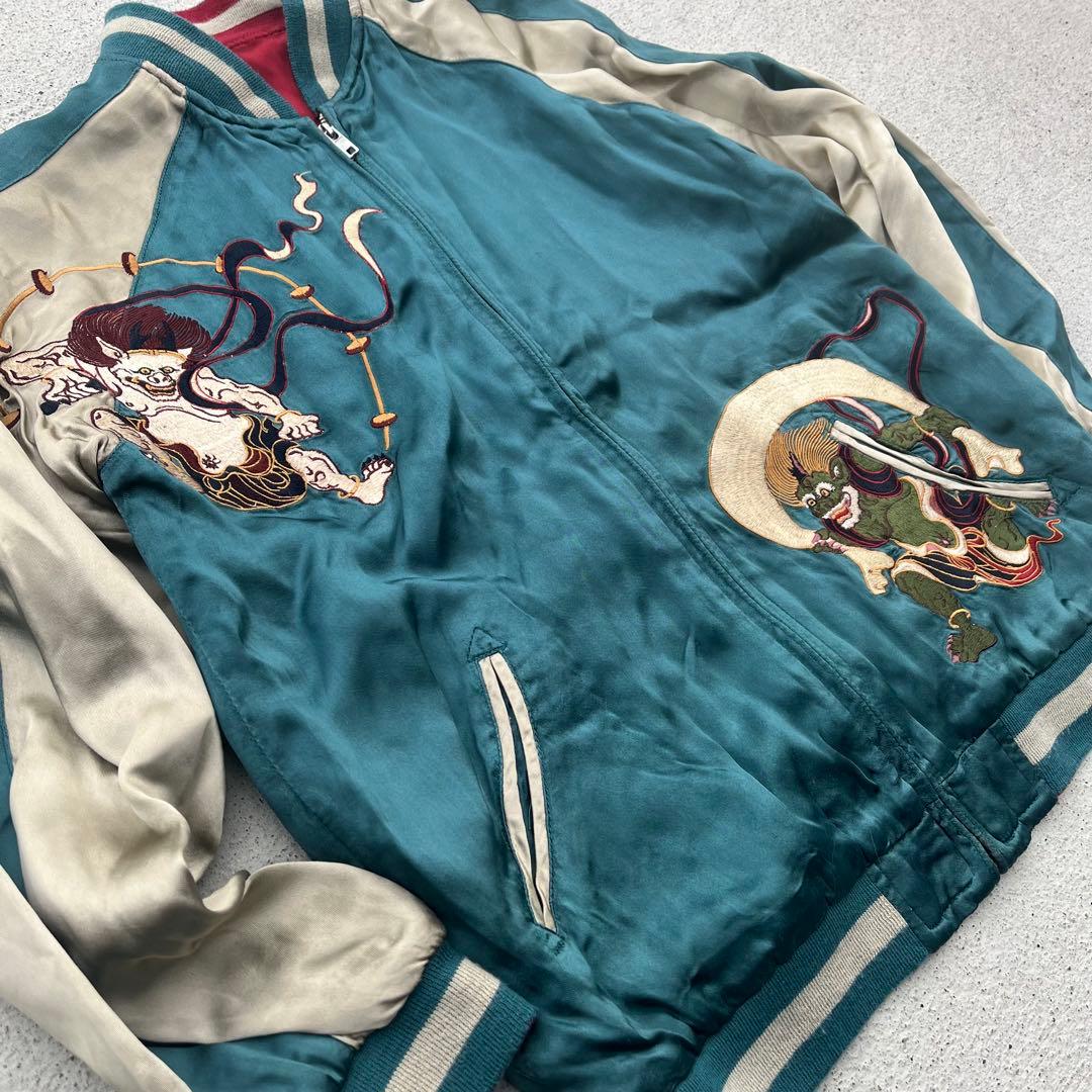 Pin Ball 風神雷神、刺繍 リバーシブル サテンスカジャン 赤　緑