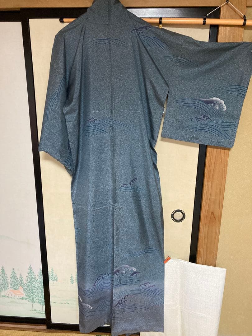 牛首紬叩き染め、訪問着、白山工房烙印￼