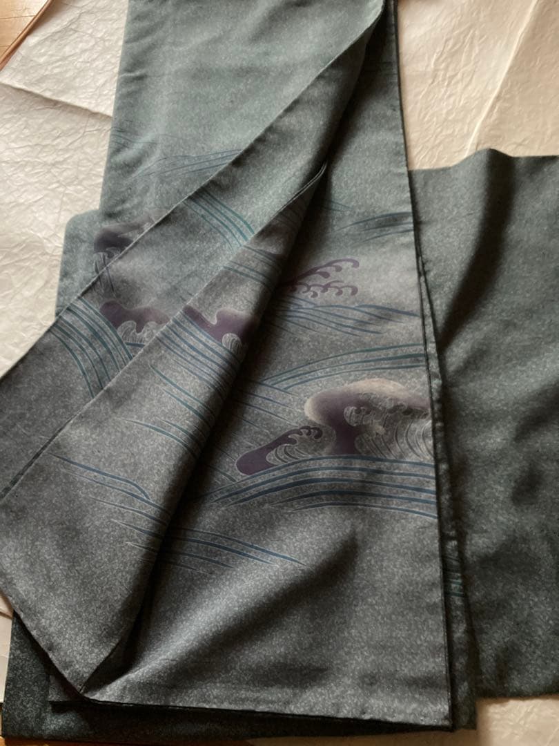 牛首紬叩き染め、訪問着、白山工房烙印￼