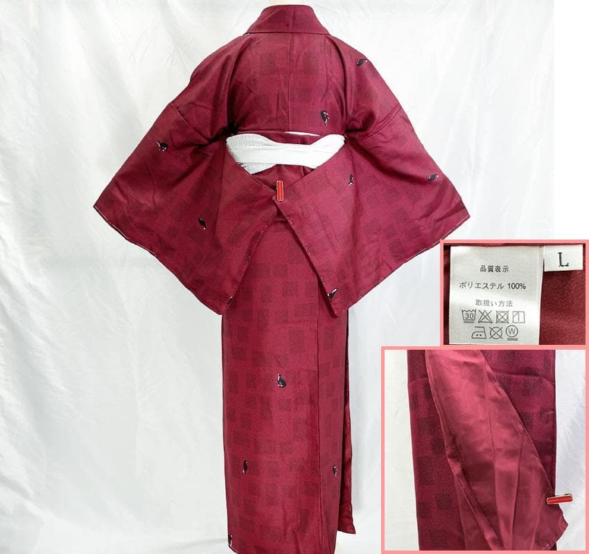 601mk77△洗える着物 小紋 しつけ糸付き 猫 ハチワレ 臙脂△美品