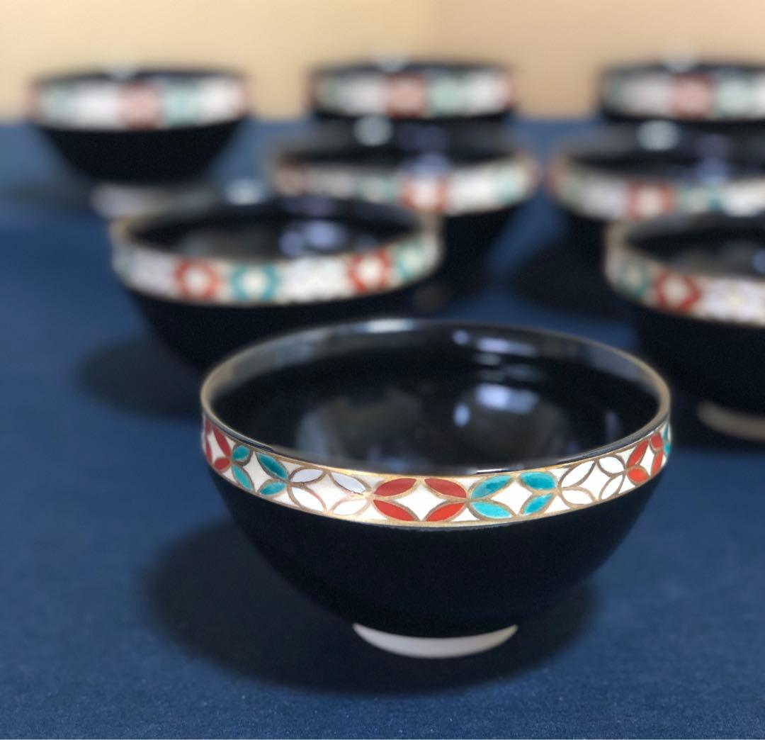 《R》茶道具 黒仁清七宝 数茶碗10客揃 昌山造 共箱 260209け1