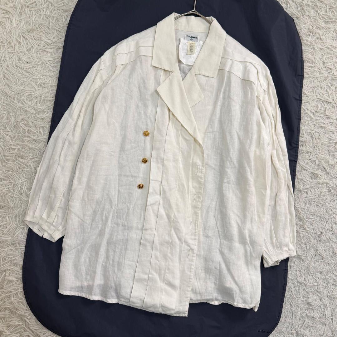 16619✨CHANEL ピンタック クローバー金ボタン ダブルシャツ ブラウス