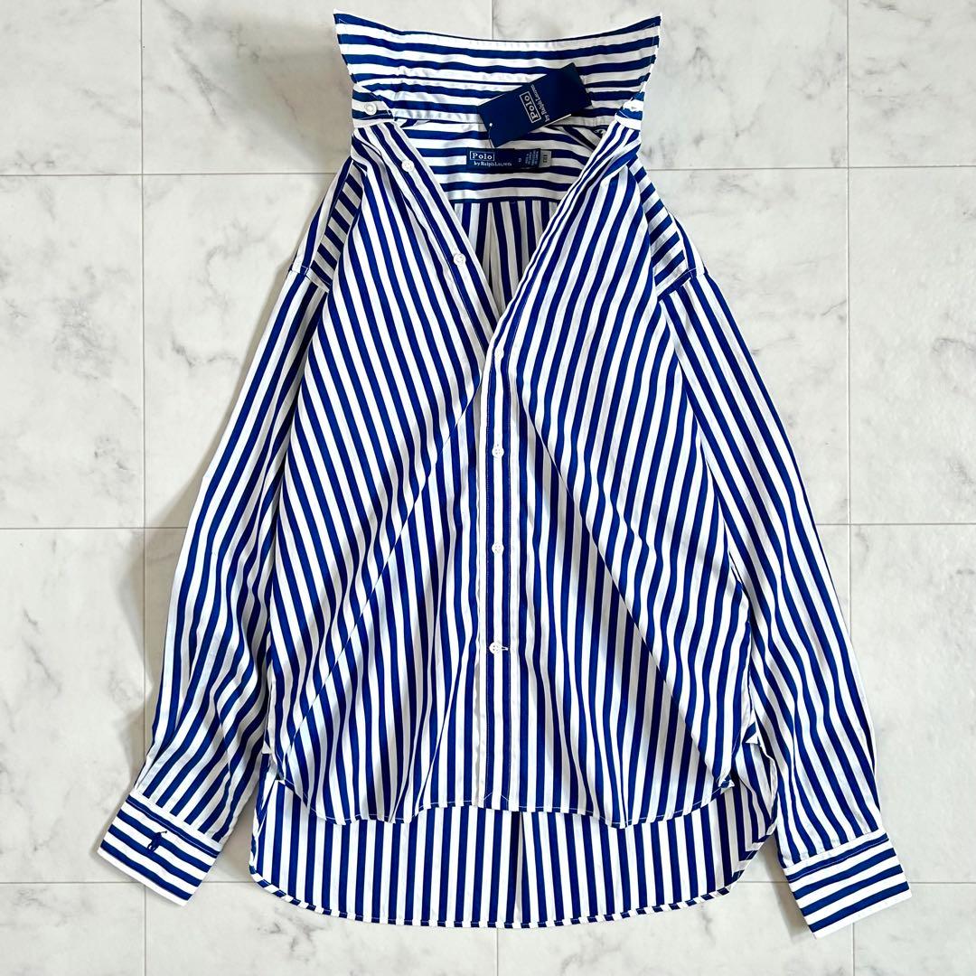 タグ付 ポロ バイ ラルフローレン ストライプ シャツ 袖ロゴ 青 近年モデル0