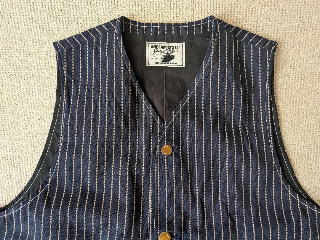 美品 アンドファミリーズ インディゴ ウォバッシュ ベスト デニム ワーク 40