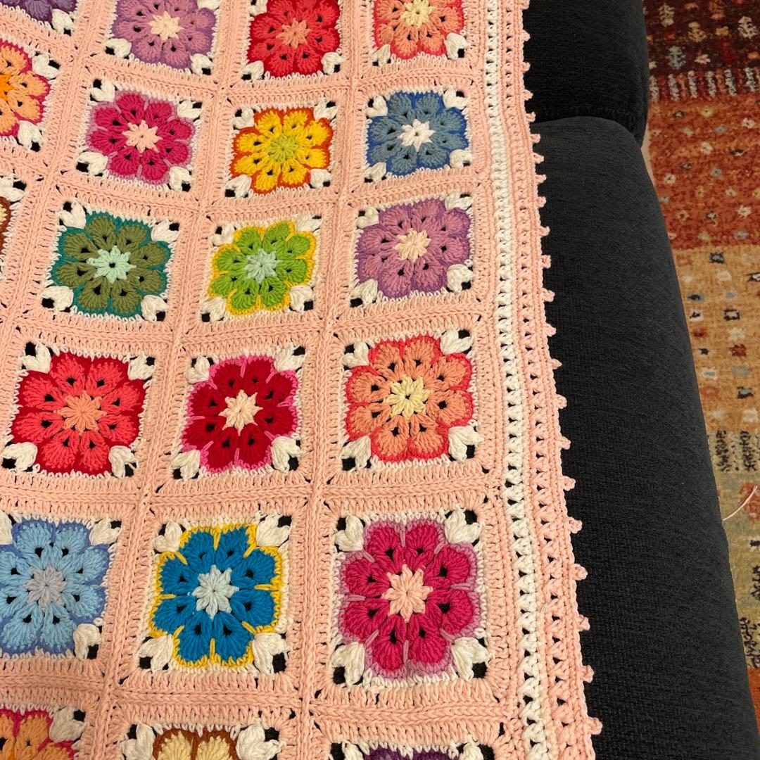 ハンドメイド　ブランケット　大判　アフリカンフラワー　モチーフ　コットン