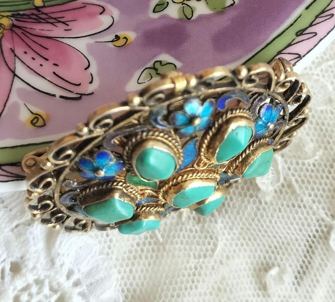 中国七宝 ターコイズ ブルーエナメルフラワーブローチ兼ペンダントトップ 銀線細工