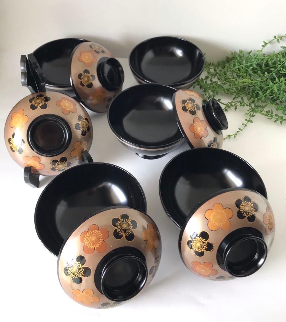 稀少　色絵柄　能登輪島塗 蒔絵 木製　蓋付椀 煮物椀　吸物椀　5客セット　共箱