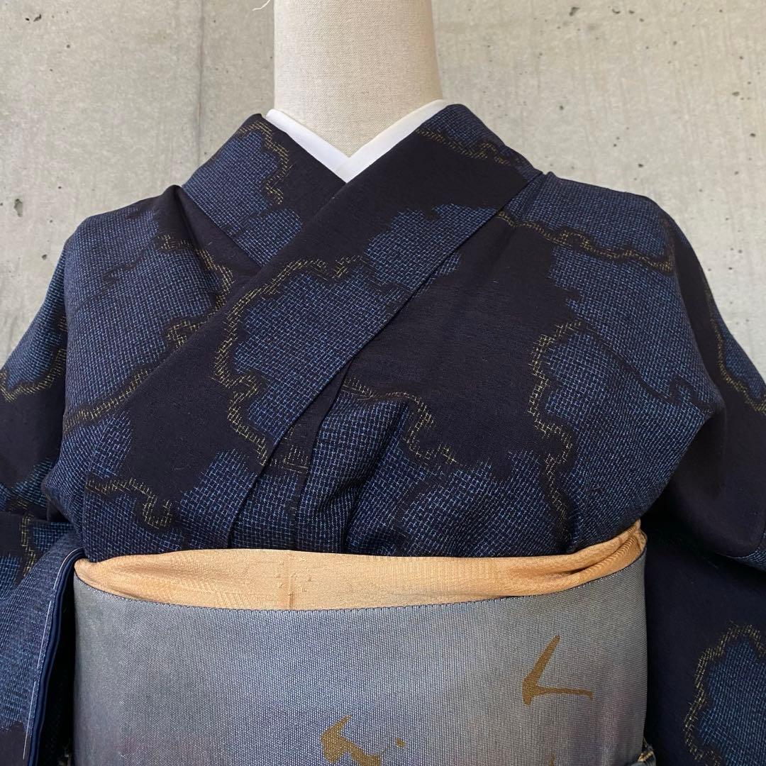 正絹　結城紬　雪輪柄　黒、青、黄色　袷