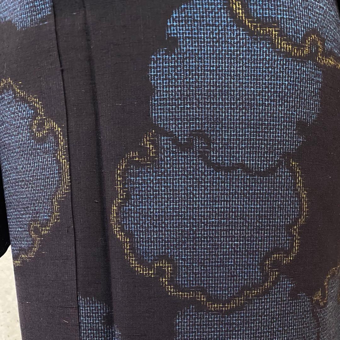 正絹　結城紬　雪輪柄　黒、青、黄色　袷