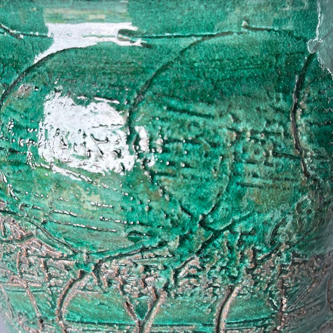 信楽焼傘立て  緑釉線彫 高さ43cm