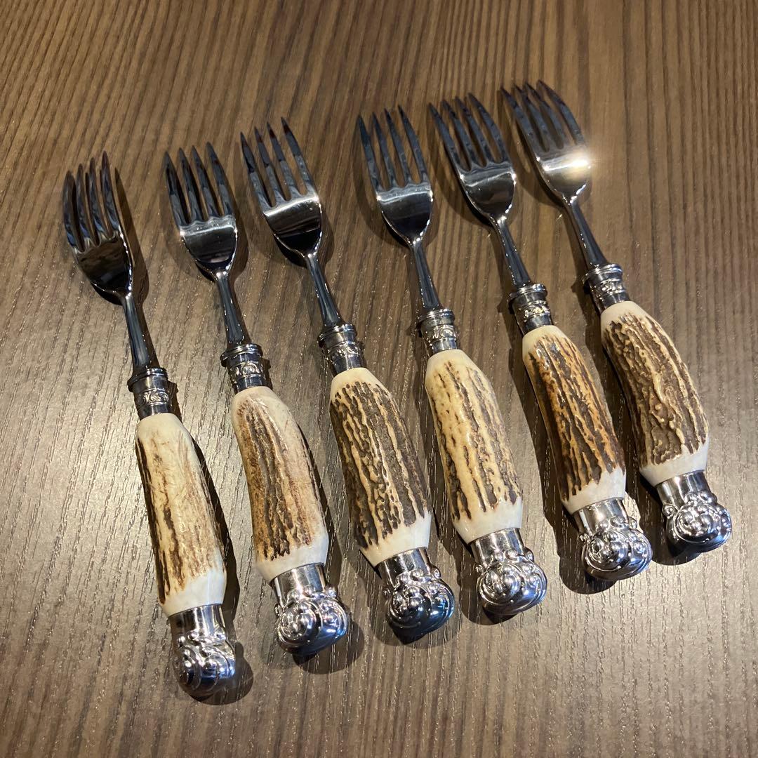 【英国 ヴィンテージ】鹿角ハンドル ステーキフォーク6本セット