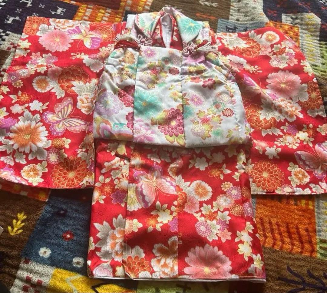 七五三 3歳用 着物フルセット 赤 ピンク 花柄