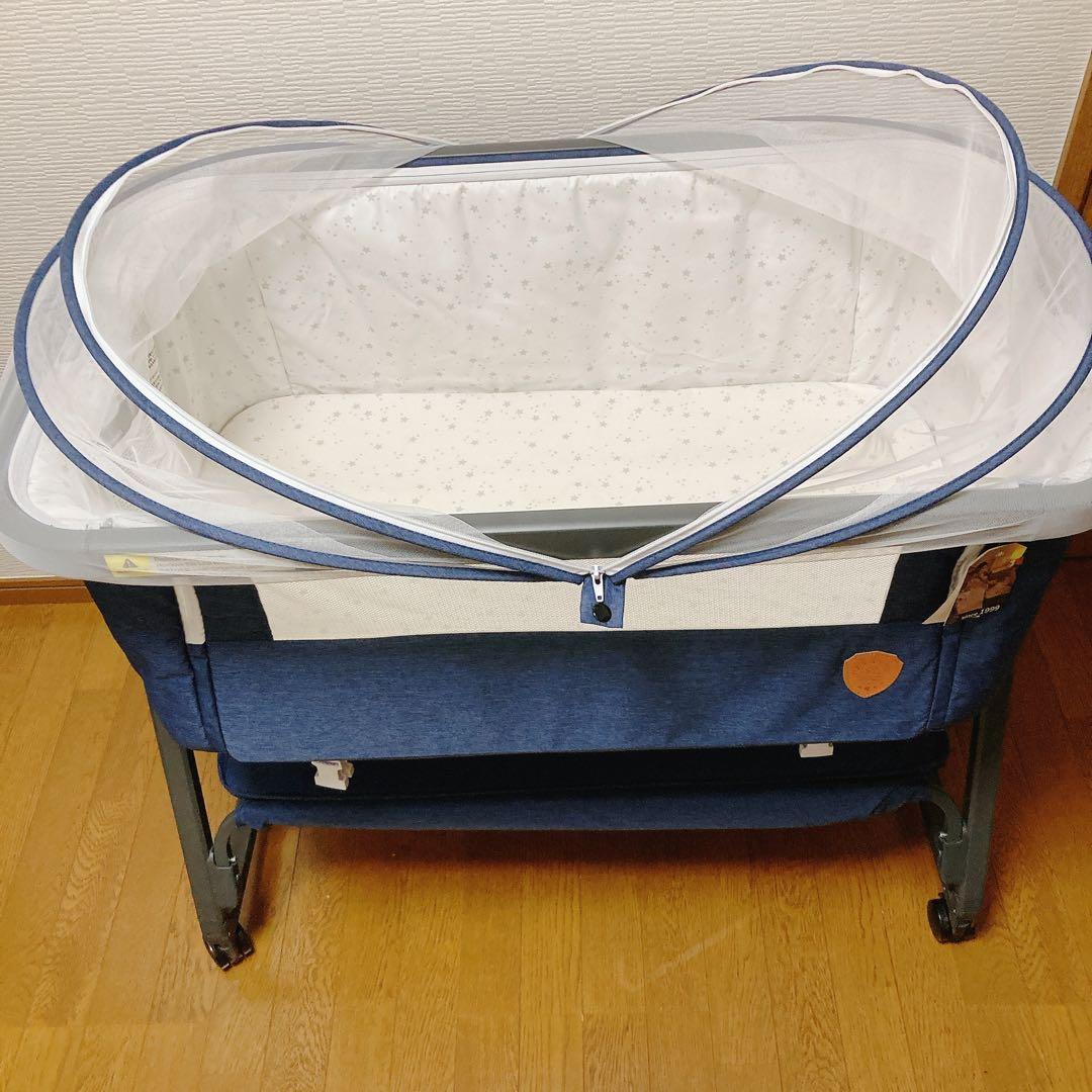 HZDMJ ベビーベッド　ネイビー 高さ調整可能　折り畳み可能