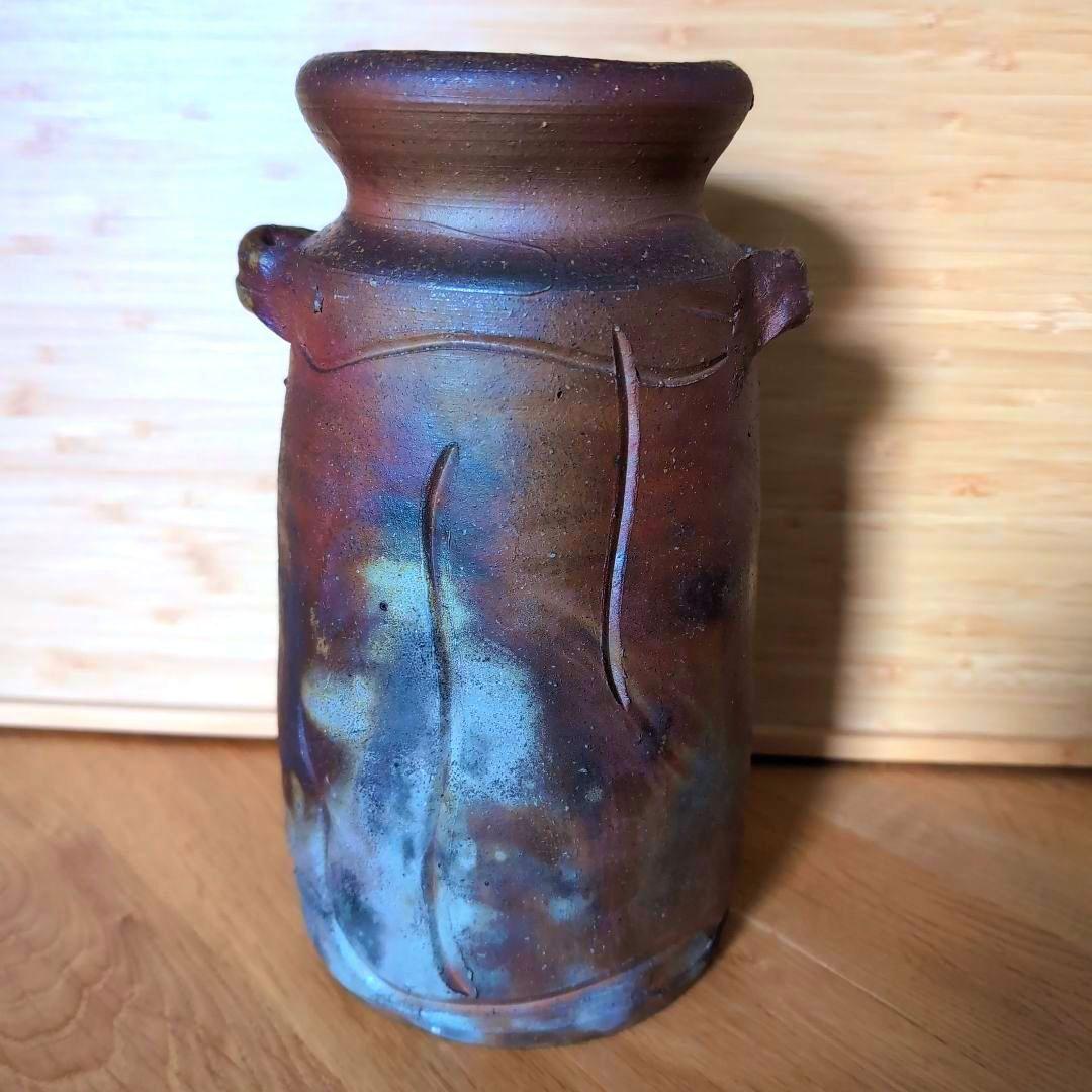 備前焼 伊勢崎満造 耳付花生 花器 花瓶 花入 共箱