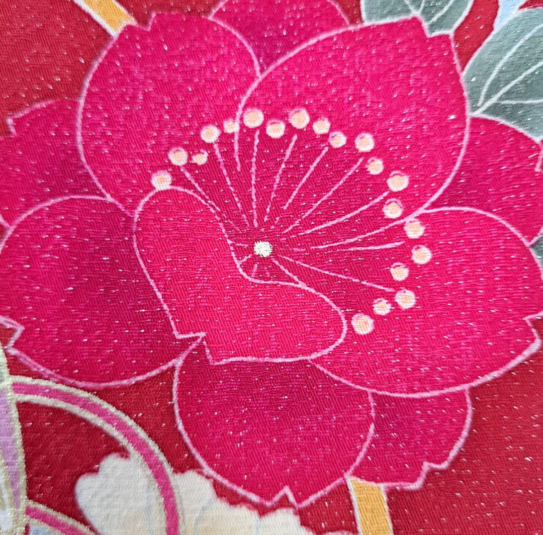 正絹振袖セット外単品 赤地ラメ入花柄 成人式 卒業式に最適