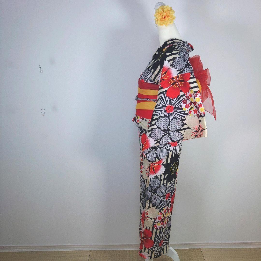 レディース　浴衣　セット　身丈164cm　ストライプ　花柄　作り帯　赤黄　兵児帯