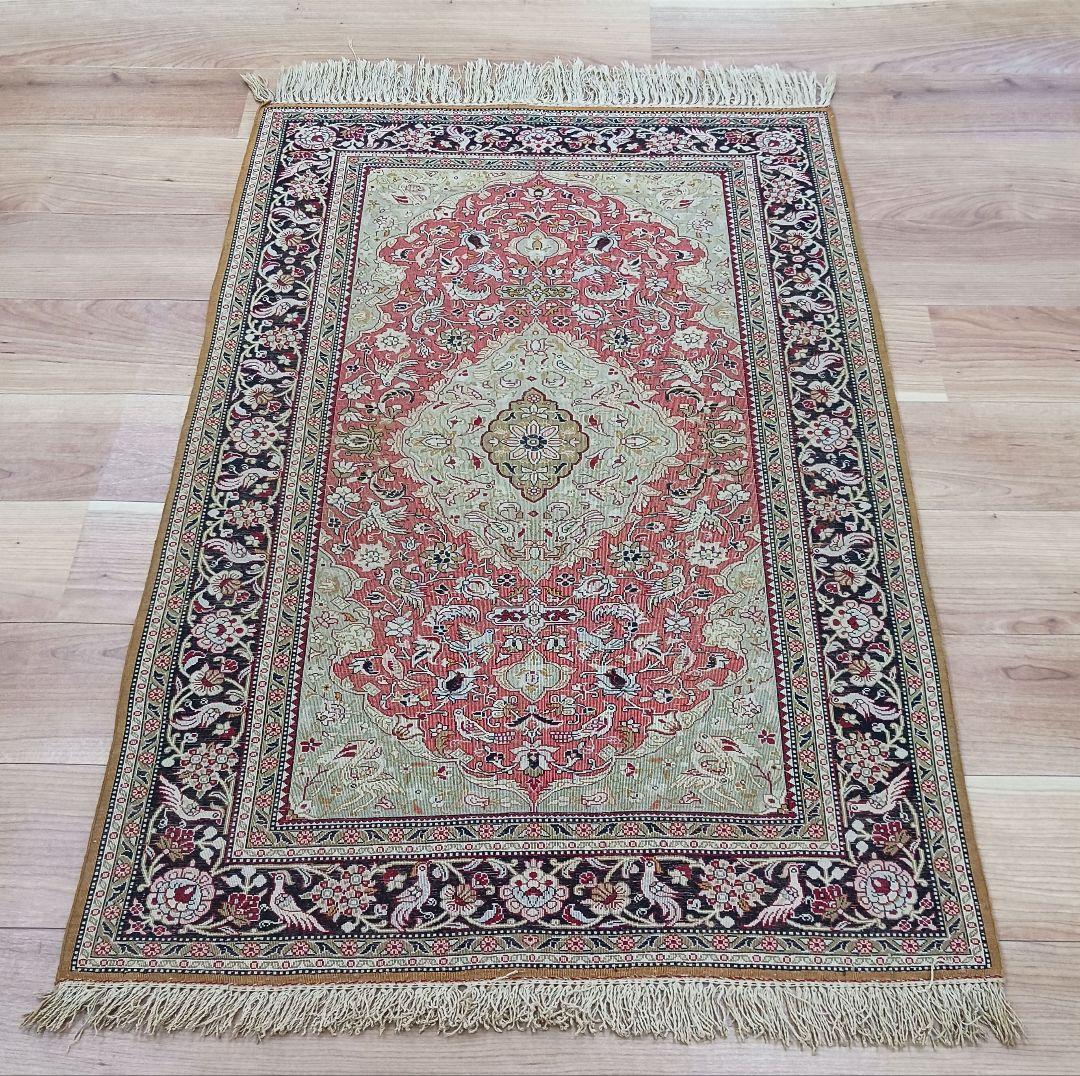 専用 Y3354 高級ペルシャ絨毯 クム シルク100% 手織り メダリオン