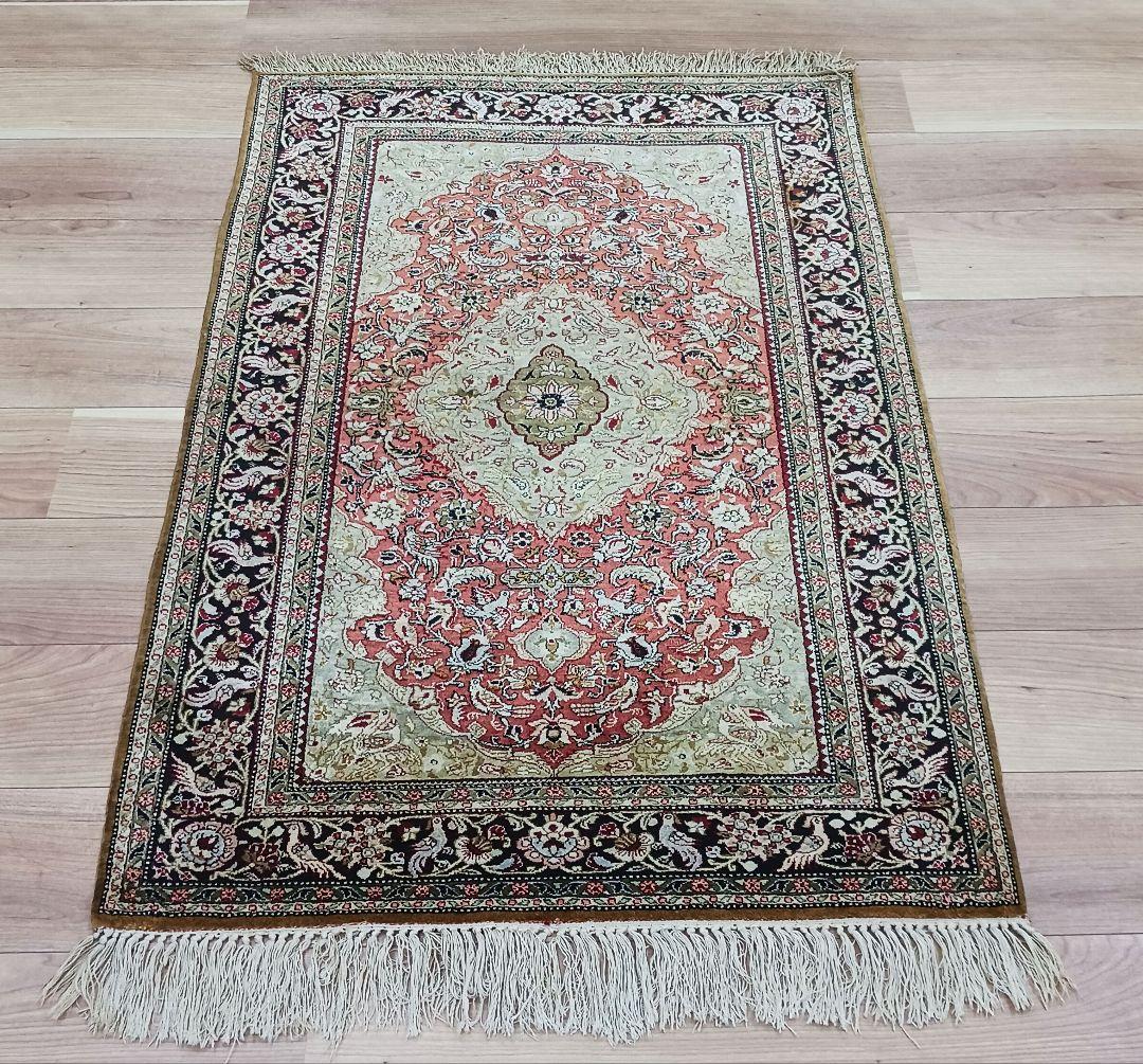 専用 Y3354 高級ペルシャ絨毯 クム シルク100% 手織り メダリオン