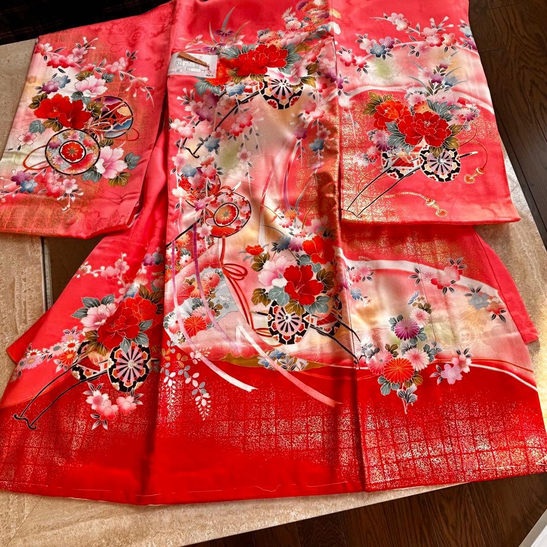 新品　正絹七五三用着物 ピンクと赤 花柄 身丈98cm お祝着物　日本製