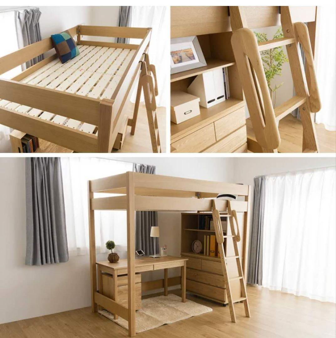 ナチュラル木製ロフトベッド