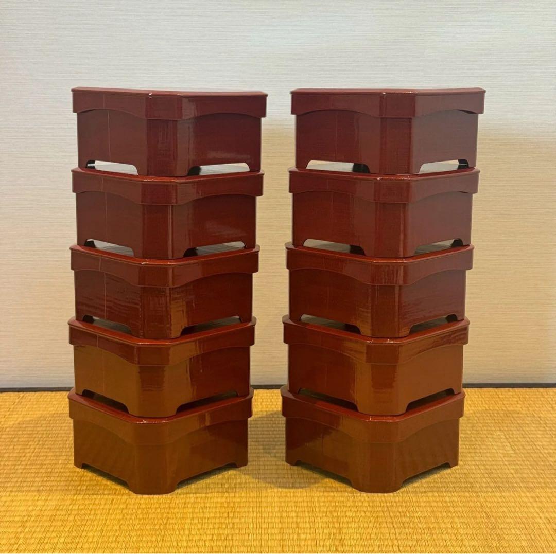 塗師 堅地屋清兵衛 作 冷泉好朱絵 縁高5重 2組 計10点 茶懐石道具 弁当箱