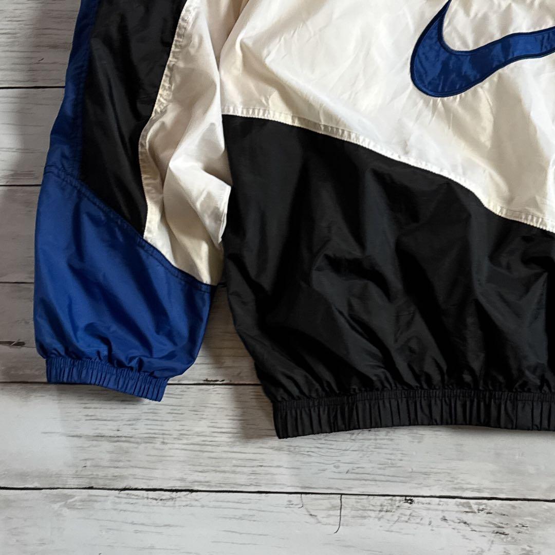 ヘ*子様 90s NIKE ナイロンジャケット バックロゴ 刺繍ロゴ 黒 白 青