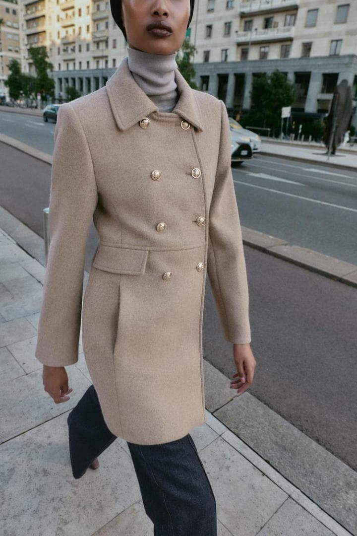 ZARA ウール混紡ショート丈ダブルブレストコート ライトミンク S