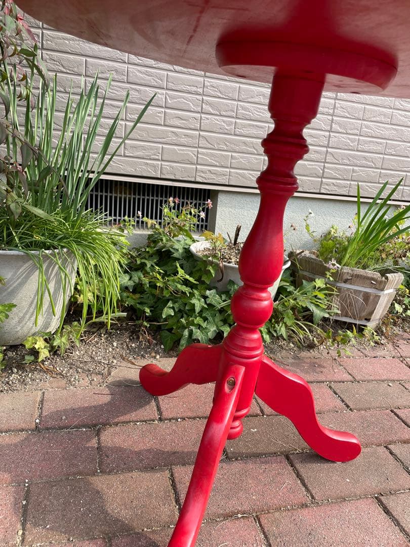 赤　花柄円形サイドテーブル　ヴィンテージ　昭和レトロ　トールペイント　机