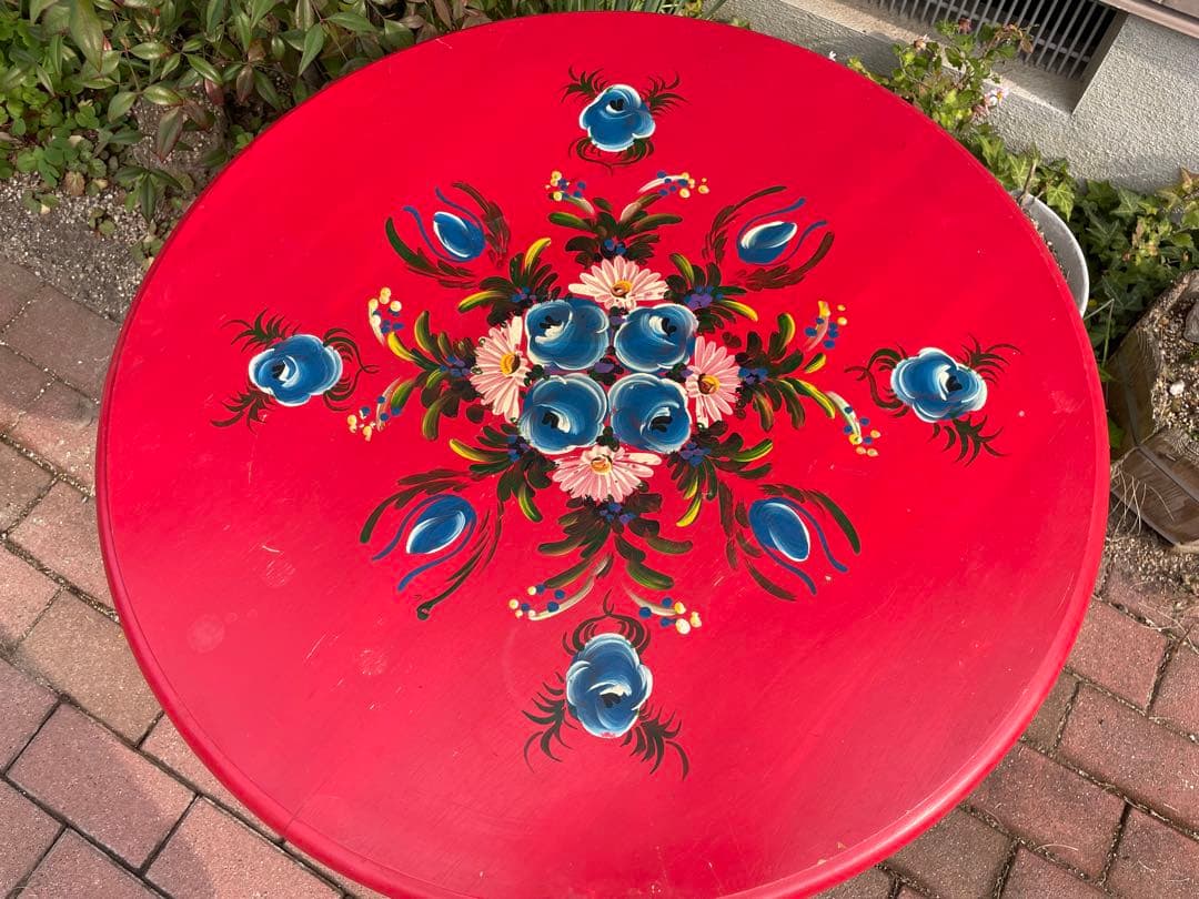 赤　花柄円形サイドテーブル　ヴィンテージ　昭和レトロ　トールペイント　机
