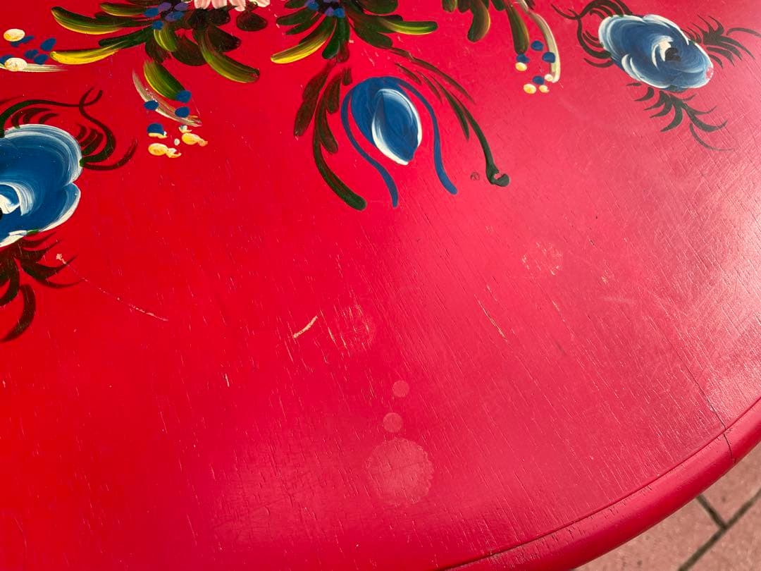 赤　花柄円形サイドテーブル　ヴィンテージ　昭和レトロ　トールペイント　机
